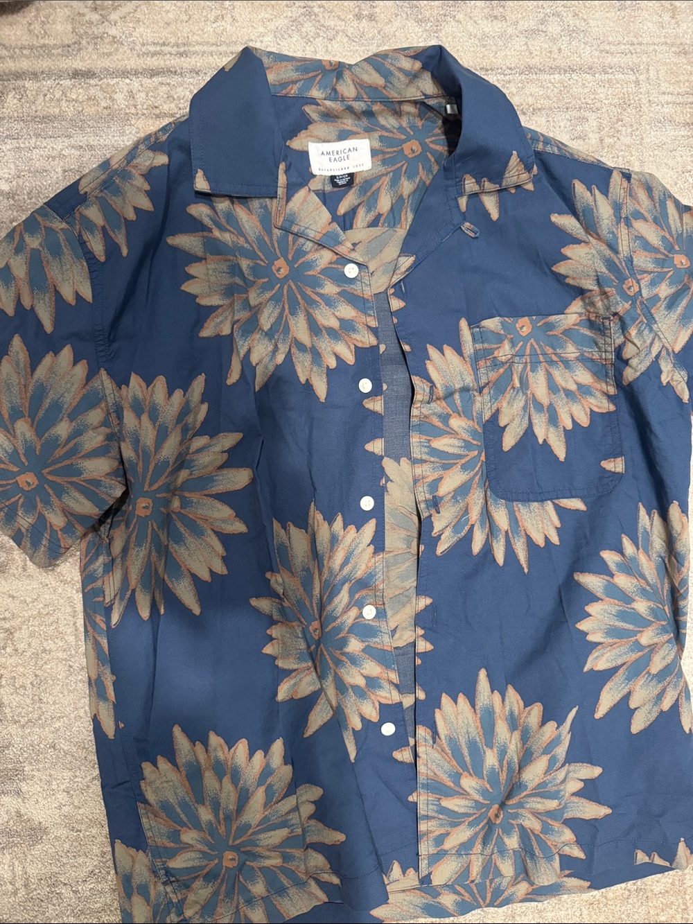 American Eagle Outfitters Navy Blue Floral Short-Sleeve Button-Up Shirt